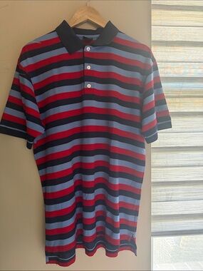 Dunning golf Men's Striped Polo Shirt in Navy, Red, and Light Blue size L